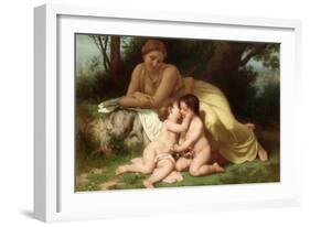 Young Woman Contemplates Twp Embracing Infants-William Adolphe Bouguereau-Framed Art Print