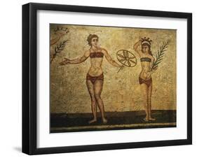 Young Woman Crowning Herself; Another Dancing, Mosaic of Palaestra Games, Roman villa, Casale-null-Framed Giclee Print