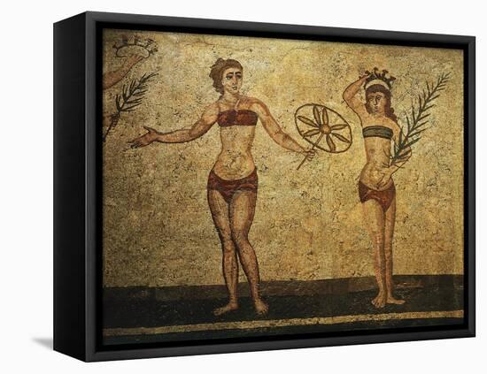 Young Woman Crowning Herself; Another Dancing, Mosaic of Palaestra Games, Roman villa, Casale-null-Framed Stretched Canvas