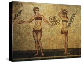 Young Woman Crowning Herself; Another Dancing, Mosaic of Palaestra Games, Roman villa, Casale-null-Stretched Canvas