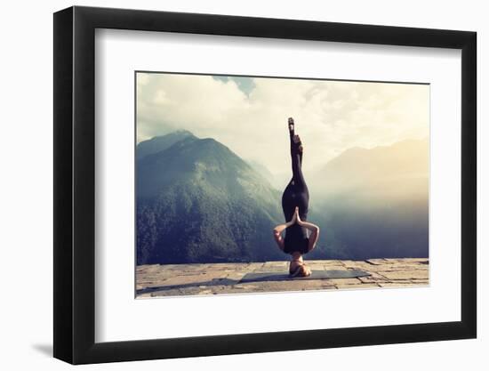 Young Woman Doing Complex Yoga Exercise Headstand with Namaste Asana. Amazing Yoga Landscape in Bea-AnnaTamila-Framed Photographic Print