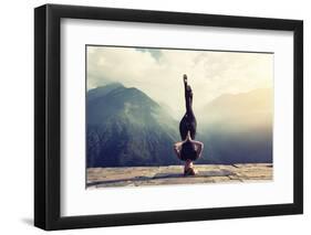 Young Woman Doing Complex Yoga Exercise Headstand with Namaste Asana. Amazing Yoga Landscape in Bea-AnnaTamila-Framed Photographic Print