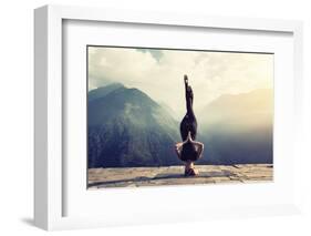 Young Woman Doing Complex Yoga Exercise Headstand with Namaste Asana. Amazing Yoga Landscape in Bea-AnnaTamila-Framed Photographic Print