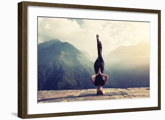 Young Woman Doing Complex Yoga Exercise Headstand with Namaste Asana. Amazing Yoga Landscape in Bea-AnnaTamila-Framed Photographic Print