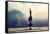 Young Woman Doing Complex Yoga Exercise Headstand with Namaste Asana. Amazing Yoga Landscape in Bea-AnnaTamila-Framed Stretched Canvas