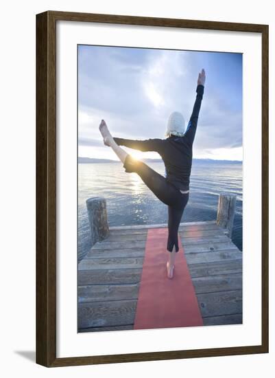 Young Woman Doing Yoga on Pier in Tahoe City, California-Justin Bailie-Framed Photographic Print