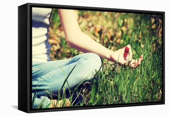 Young Woman during Relaxation and Meditation in Park Meditation Session. Frame Shows Half of Body.-B-D-S-Framed Stretched Canvas