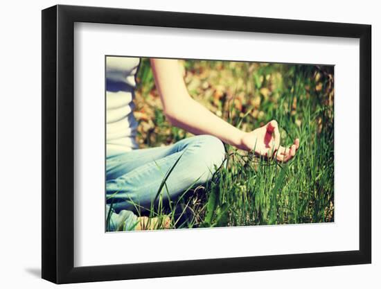 Young Woman during Relaxation and Meditation in Park Meditation Session. Frame Shows Half of Body.-B-D-S-Framed Photographic Print