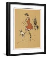 Young Woman in a Red Swimsuit with Her White Bulldog on the Beach-Cecil Aldin-Framed Art Print