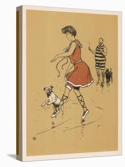 Young Woman in a Red Swimsuit with Her White Bulldog on the Beach-Cecil Aldin-Stretched Canvas
