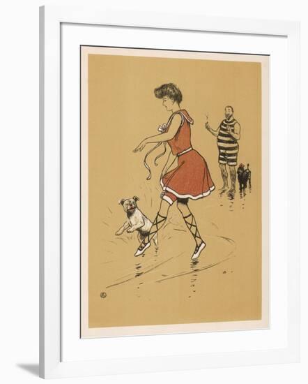 Young Woman in a Red Swimsuit with Her White Bulldog on the Beach-Cecil Aldin-Framed Art Print