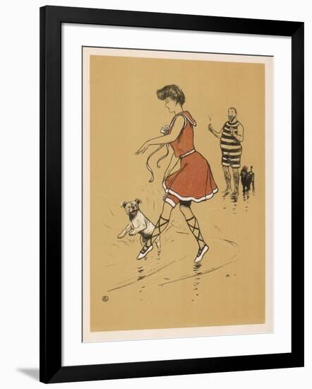 Young Woman in a Red Swimsuit with Her White Bulldog on the Beach-Cecil Aldin-Framed Art Print