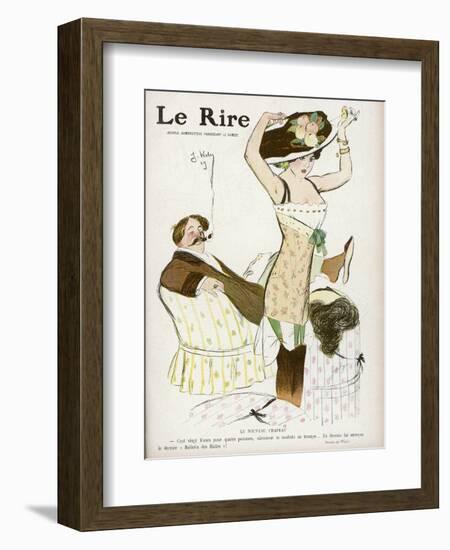 Young Woman in Corset Chemise and Stockings Secures Her New Hat-Jacques Wely-Framed Art Print