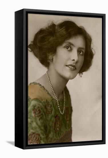 Young Woman in Green Dress and Pearl Necklace-null-Framed Stretched Canvas