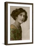 Young Woman in Green Dress and Pearl Necklace-null-Framed Photographic Print