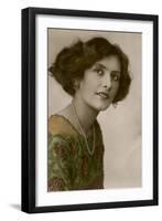 Young Woman in Green Dress and Pearl Necklace-null-Framed Photographic Print