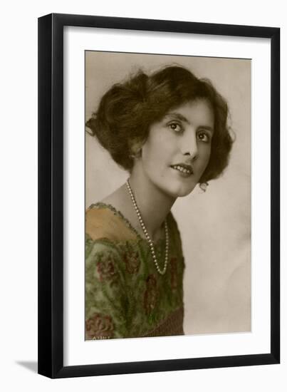 Young Woman in Green Dress and Pearl Necklace-null-Framed Photographic Print