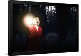 Young Woman in Red Cloak with Lantern Lost in Forest-Sergey Nivens-Framed Premium Photographic Print