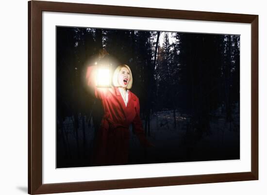 Young Woman in Red Cloak with Lantern Lost in Forest-Sergey Nivens-Framed Photographic Print