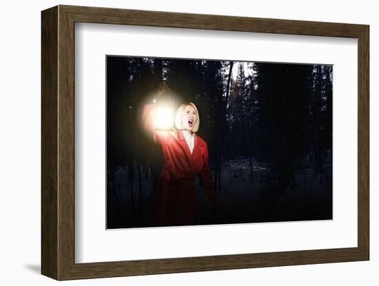 Young Woman in Red Cloak with Lantern Lost in Forest-Sergey Nivens-Framed Photographic Print