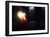 Young Woman in Red Cloak with Lantern Lost in Forest-Sergey Nivens-Framed Photographic Print