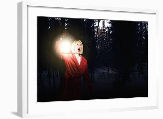 Young Woman in Red Cloak with Lantern Lost in Forest-Sergey Nivens-Framed Photographic Print