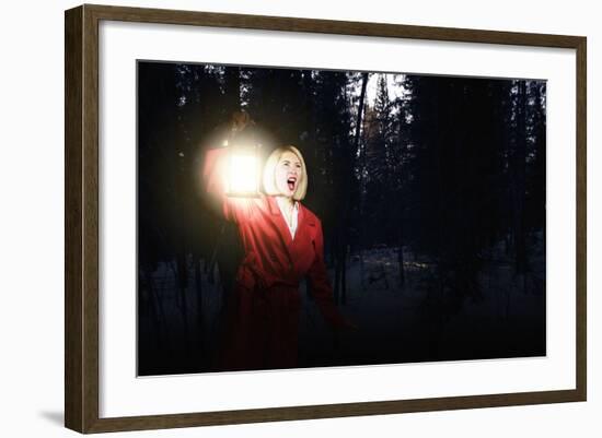 Young Woman in Red Cloak with Lantern Lost in Forest-Sergey Nivens-Framed Photographic Print