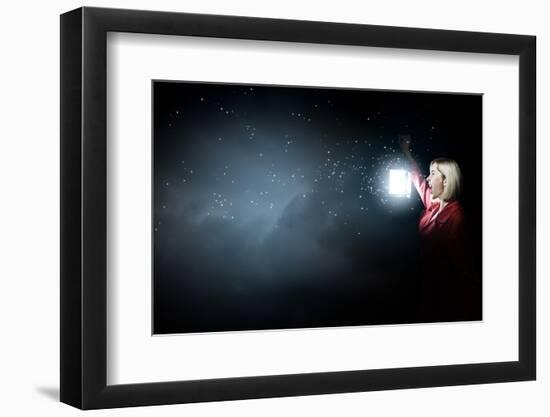 Young Woman in Red Cloak with Lantern Lost in Forest-Sergey Nivens-Framed Photographic Print