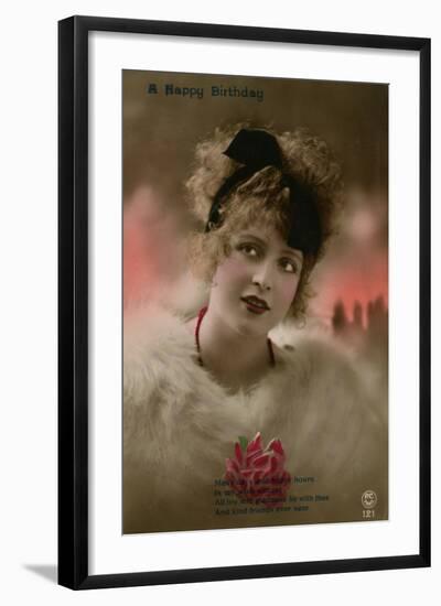 Young Woman in White Fur on a Birthday Postcard-null-Framed Photographic Print