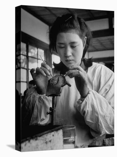 Young Woman Inserting Mother-Of-Pearl Bead into Live Oyster at Pearl Factory-Alfred Eisenstaedt-Stretched Canvas