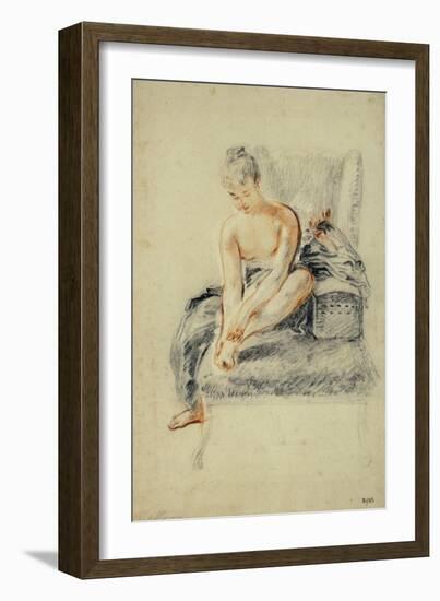 Young Woman, Nude, Holding One Foot in Her Hands, Red and Black Chalk-Jean Antoine Watteau-Framed Giclee Print
