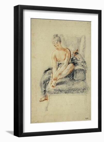 Young Woman, Nude, Holding One Foot in Her Hands, Red and Black Chalk-Jean Antoine Watteau-Framed Giclee Print