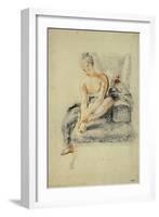Young Woman, Nude, Holding One Foot in Her Hands, Red and Black Chalk-Jean Antoine Watteau-Framed Giclee Print