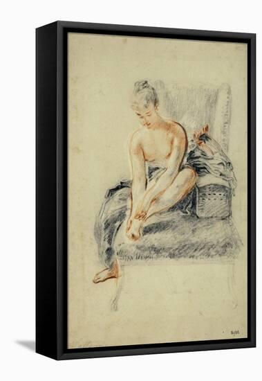 Young Woman, Nude, Holding One Foot in Her Hands, Red and Black Chalk-Jean Antoine Watteau-Framed Stretched Canvas