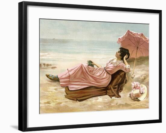 Young Woman Relaxing on the Beach, 1890s-null-Framed Giclee Print