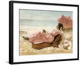 Young Woman Relaxing on the Beach, 1890s-null-Framed Giclee Print