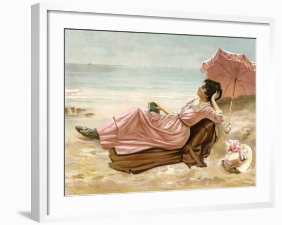 Young Woman Relaxing on the Beach, 1890s-null-Framed Giclee Print