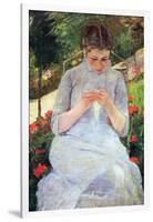 Young Woman Sewing In The Garden-Mary Cassatt-Framed Art Print