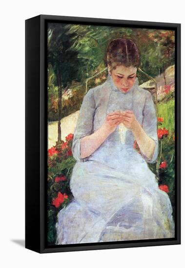 Young Woman Sewing in the Garden-Mary Cassatt-Framed Stretched Canvas