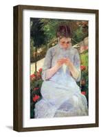 Young Woman Sewing in the Garden-Mary Cassatt-Framed Art Print