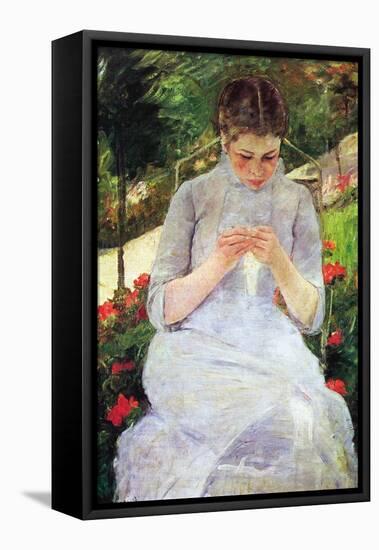 Young Woman Sewing In The Garden-Mary Cassatt-Framed Stretched Canvas