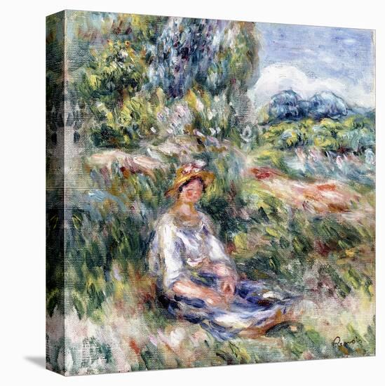 Young Woman Sitting in a Meadow-Pierre-Auguste Renoir-Stretched Canvas