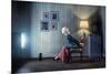 Young Woman Sitting on a Chair in Vintage Interior and Watching Retro TV-viczast-Mounted Photographic Print