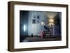 Young Woman Sitting on a Chair in Vintage Interior and Watching Retro TV-viczast-Framed Photographic Print