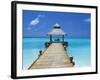 Young Woman Sitting on Bench at the End of Jetty, Maldives, Indian Ocean-Papadopoulos Sakis-Framed Photographic Print