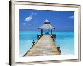 Young Woman Sitting on Bench at the End of Jetty, Maldives, Indian Ocean-Papadopoulos Sakis-Framed Photographic Print