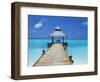 Young Woman Sitting on Bench at the End of Jetty, Maldives, Indian Ocean-Papadopoulos Sakis-Framed Photographic Print