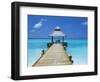 Young Woman Sitting on Bench at the End of Jetty, Maldives, Indian Ocean-Papadopoulos Sakis-Framed Photographic Print