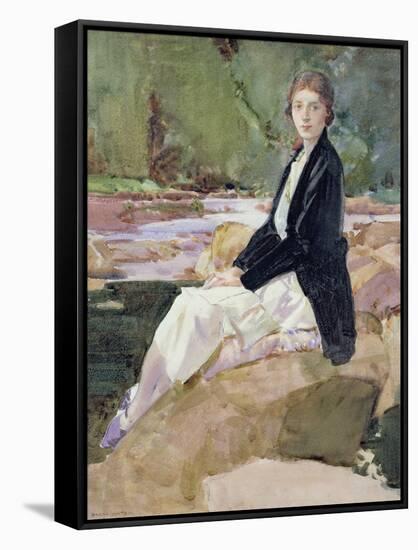 Young Woman Sitting upon Rocks-Harry Watson-Framed Stretched Canvas