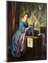 Young Woman Using Early Sewing Machine-null-Mounted Giclee Print